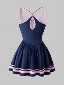 SHEIN 少女休闲运动字母印花撞色交叉露背运动连衣裙 - 彩色 - 查看 3