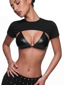 SHEIN ICON Women's Solid Color Short Sleeve High-Low Hem Cropped T-Shirt,Summer Top - Black - View 4