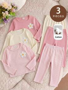 SHEIN 幼兒女童 3 件組柔軟羅紋長袖上衣，休閒基礎圓領上衣 - 彩色 - 查看 8