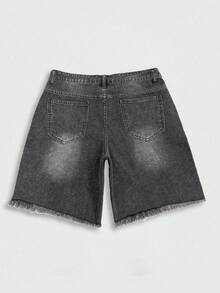 Manfinity EMRG 男士夏季灰色毛邊牛仔短褲，街頭風寬鬆大腿褲 - 灰色 - 查看 4