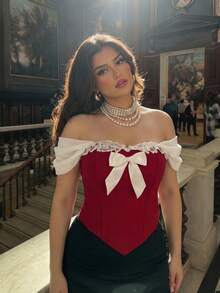 SHEIN MOD Plus Size Women Red Bow Front Lace Trim Paisley Hem Bustier Corset Top – Vintage Elegant Court Style, Date Tea Party Summer - Red - View 1