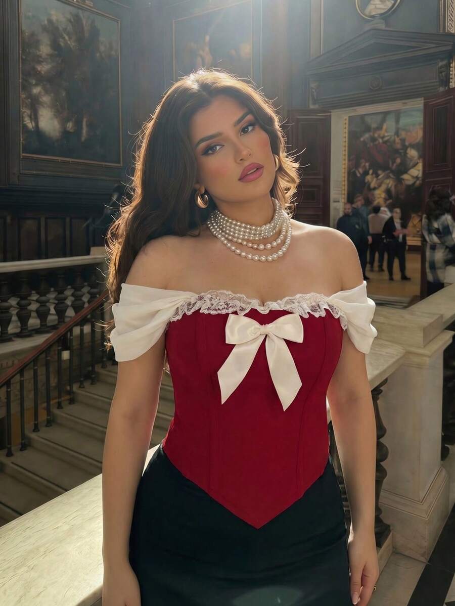 SHEIN MOD Plus Size Women Red Bow Front Lace Trim Paisley Hem Bustier Corset Top – Vintage Elegant Court Style, Date Tea Party Summer - Red - View 1