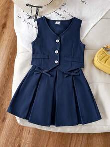 SHEIN Elladie kids 女童復古西裝背心外套與百褶裙兩件套，設計感通勤休閒優雅風 - 藏蓝色 - 查看 3