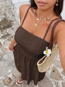 Sunnyshic Plus Size Women's Solid Color Pleated Casual Party Vacation Travel Spaghetti Strap Dress, Suitable For Summer - Brown - View 4