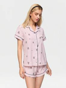 Bonmuse Striped Bow & Cherry Print Women Bubble Crepe Short Sleeve Shorts Pajama Set - Pink - View 5