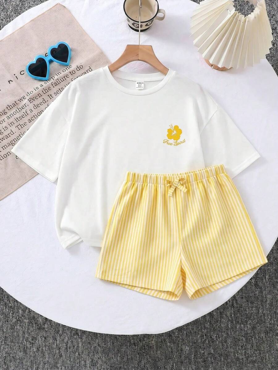 SHEIN LMoss Kids LMoss 青少年女孩針織純色寬鬆短袖上衣與短褲休閒套裝 - 黃色 - 查看 1