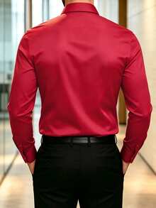 Manfinity Mode Men's Long Sleeve Dress Shirt,Red,Autumn,Smart Casual,Dinner,Solid Color Business & Formal Button-Up,Regular Fit Office Attire,Smooth Texture,Ceremony - Red - View 2