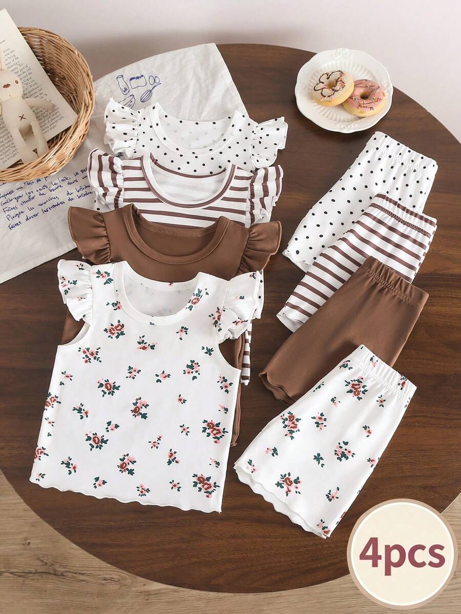 SHEIN 8件套/女婴0-3岁春夏新款休闲日常外出可爱纯色针织不对称罗纹短袖背心T恤上衣和短裤8件套 - 彩色 - 查看 1
