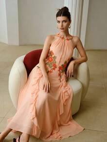 ZEYLAH Vestido elegante de mujer con cuello halter, volantes y bordado - Rosa coral - View 4