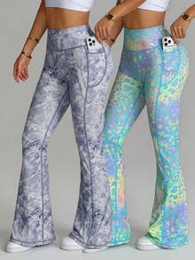 SHEIN Velisys Seamed Colorful Leopard Print Flare Leg Pants (With Pockets) - Multicolor - View 1