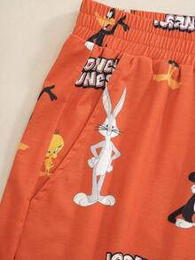 LOONEY TUNES X SHEIN 男士卡通印花圓領短袖上衣與短褲居家休閒套裝 - 紅白色 - 查看 5