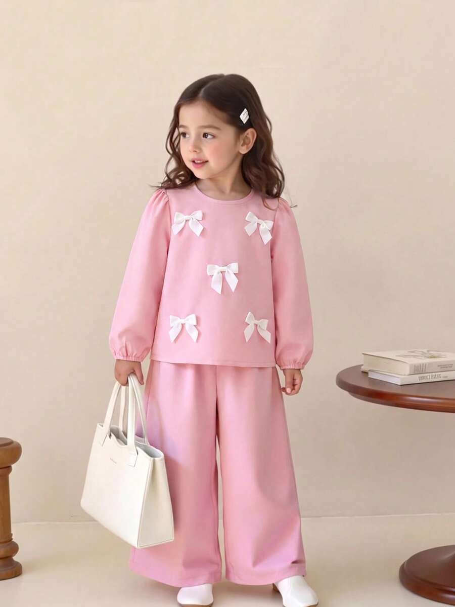 Back To School Young Girl Xiyin 4-7Y 2-Piece Set, 3D Ribbon Bow Detail Puff Long Sleeve Blouse Top With Pink Wide Leg Pants, Spring/Autumn Cute Sweet Fashion Princess Style Outfit, Y2K Aesthetic Daily Campus Play Casual Set - Pink - View 1