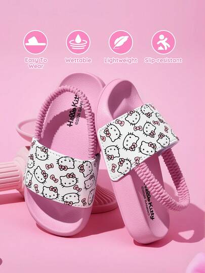 HELLO KITTY AND FRIENDS | SHEIN نعال انزلاقية للأطفال والرضع للبنات بتصميم كرتوني لطيف على شكل نجمة مع شريط مطاطي وردي وقوس ، سهلة الارتداء، مانعة للانزلاق وسريعة الجفاف للاستحمام