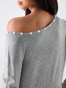LYSMO Autumn Casual Button Decor Asymmetric Collar Sweater - Grey - View 8