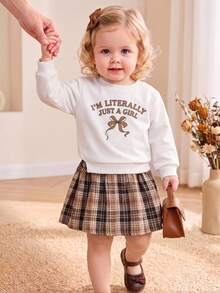 SHEIN 1pc Baby Girl Round Neck Long Sleeve Brown Plaid Sweatshirt With Patchwork Hem Dress, Featuring English Letter Bow Print, Casual Cute Vintage Fashion - Apricot - View 6