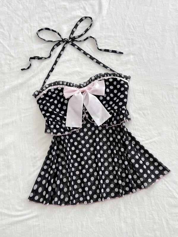 Elamini Top de tirantes con cuello halter, lazo 3D decorativo y estampado de lunares estilo francés dulce