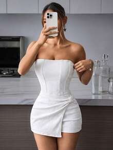 SHEIN PETITE 女款純色抓皺不對稱下擺無袖牛仔連身褲，適合嬌小女性 - 白色 - 查看 4