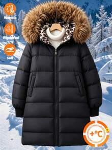 SHEIN Tween Girls Winter Fashion Black Thickened Leopard-Print Flannel Hooded Long-Sleeve Mid-Length Quilt - Black - View 4