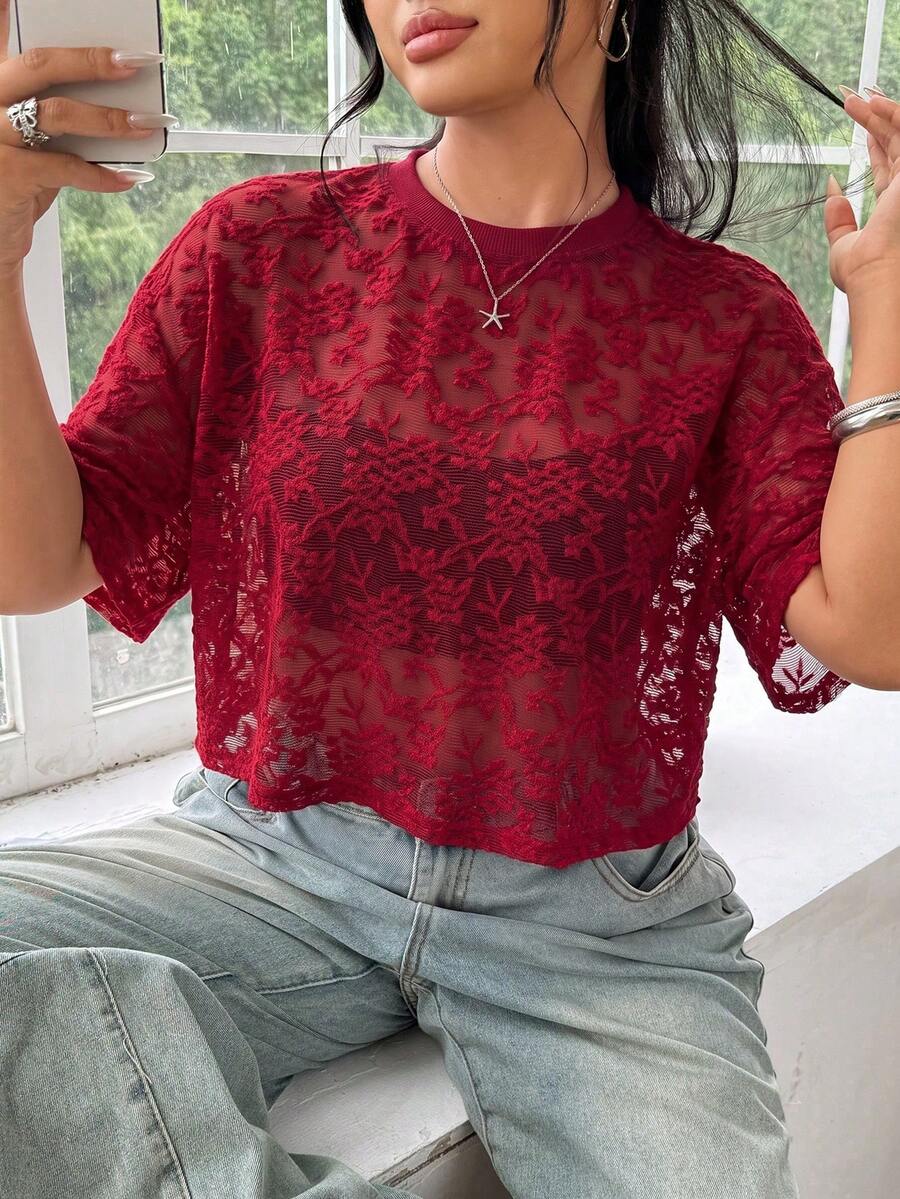 SHEIN EZwear 大尺碼女款花卉網紗圓領短袖寬鬆上衣 - 紅色 - 查看 1