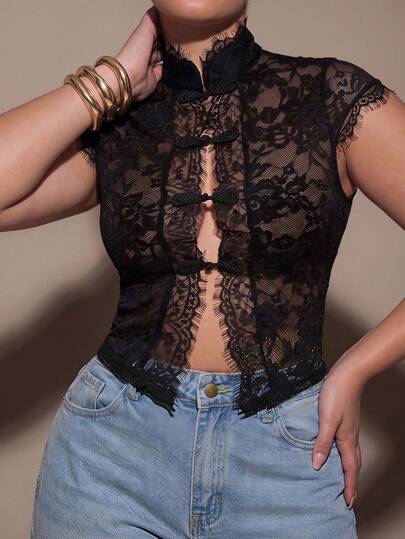 SHEIN BAE CURVE Top de encaje semitransparente para mujer talla grande