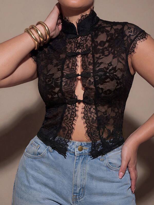 SHEIN BAE CURVE Top de encaje semitransparente para mujer talla grande