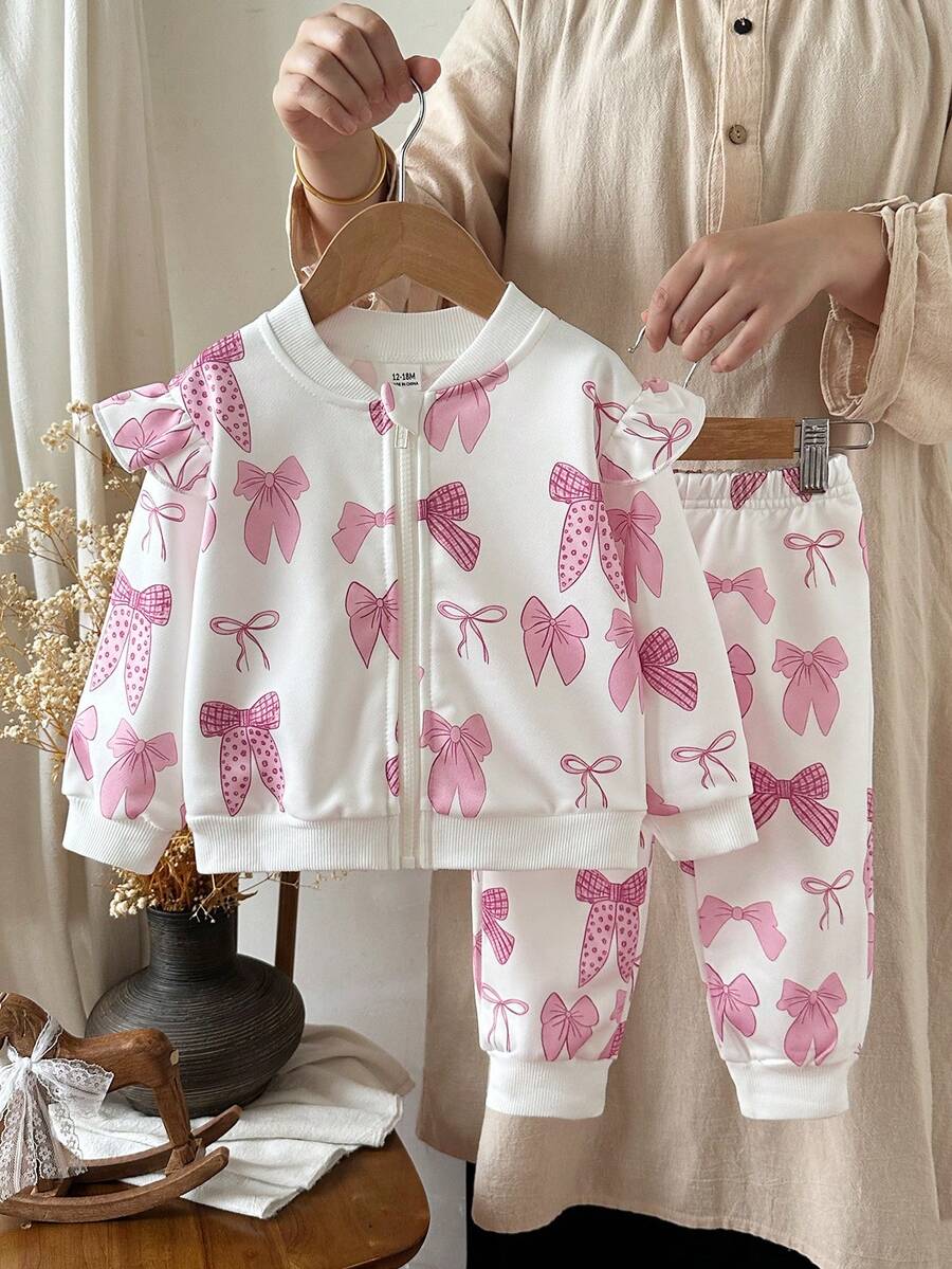 SHEIN Vintaside Kids 女嬰女童秋冬長袖圓領簡約休閒印花夾克與時尚休閒百搭印花長褲套裝,舒適適合露營與居家穿著,實用時尚設計,適合秋冬戶外與室內休閒 - 彩色 - 查看 1