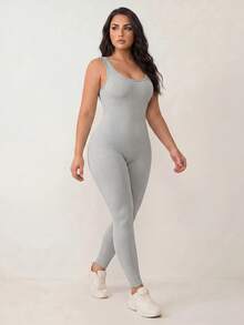 Rhythm Era Women's Seamless Plus Size Light Grey Sports Cropped Jumpsuit, Suitable For Yoga, Outdoor And Daily Wear - Grey - View 1