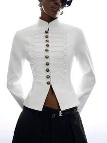LYSMO Women's Fashion Design Metal Button Long Sleeve Blazer Office Dinner Formal Corporate White Summer Elegant - Beige - View 4