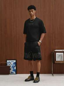 TOKVUE Men's Versatile Embossed Crew Neck Short Sleeve T-Shirt And Drawstring Waist Pocket Shorts Set - Black - View 7