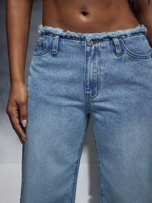 Denimoi Low Rise Raw Edge Straight Leg Jeans Sexy Jeans Y2K Fashion Low Rise Jeans - Medium Wash - View 2