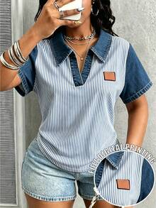 Maweii Women's Casual Lapel Striped Short Sleeve Top, Suitable For Commuting, Vacation And Daily Wear. Spring/Summer Wear, Casual Fashion Style, Suitable As A Gift For Friends And Family - Multicolor - View 1