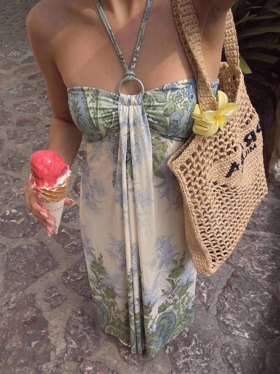 Aloruh 夏季新款掛脖印花度假洋裝，露背收腰顯瘦A字裙，海灘度假風
