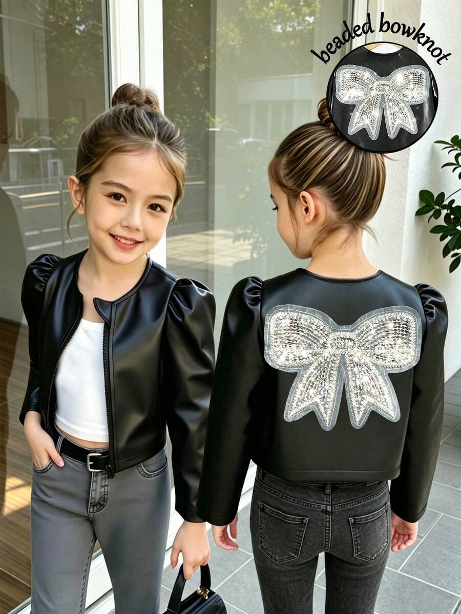 1pc Girls' Short Cool Zipper Shirt Long Sleeve Jacket, Perfect For Travel, Streetwear, Parties, Music Festivals, School And Any Occasion - Black - View 1