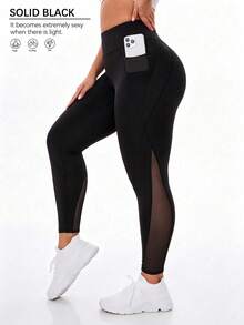 SHEIN Unity Plus Size Mesh Patchwork High Waist Seamless Athletic Leggings - Black - View 3