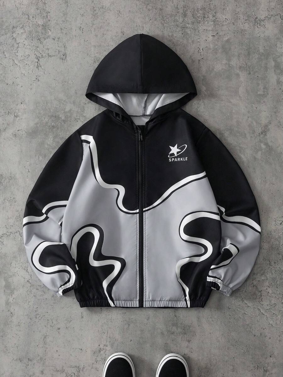 SHEIN Tween Boy Letter & Star Print Colorblock Long Sleeve Zip-Up Hooded Jacket - Black - View 1