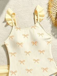 SHEIN Tween Girls Cute Bow Tie Print Shoulder Strap Floral Trim One-Piece Swimsuit With Ruffle Skirt, Suitable For Swimming, Vacation, Summer Beach - Yellow - View 3