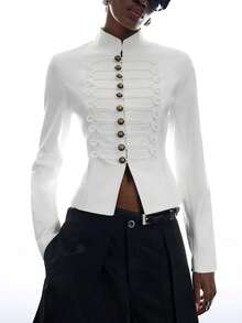 LYSMO Women's Fashion Design Metal Button Long Sleeve Blazer Office Dinner Formal Corporate White Summer Elegant - Beige - View 3
