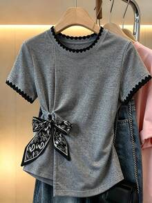 Franclia Women's Summer Casual Tie-Front Short Sleeve T-Shirt - Grey - View 3