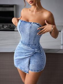 SHEIN PETITE 女款不對稱下擺扭轉式抹胸設計牛仔連身褲，適合嬌小女性 - 藍色 - 查看 7