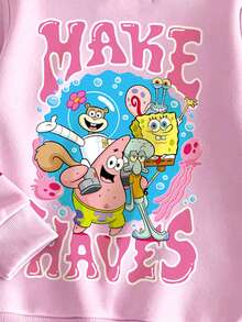 SpongeBob SquarePants | SHEIN GraphicGems 少女甜美粉色長袖運動衫與拼色條紋慢跑褲休閒套裝，適合春秋冬季 - 粉色 - 查看 5