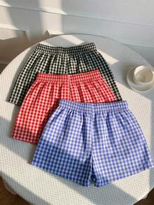 SHEIN EZwear 3件套舒适多巴胺格子短裤套装，蓝色、红色、黑色，梭织面料，适合日常穿着，夏季短裤，适合通勤、约会、聚会、秋冬夏三季、圣诞节、新年、感恩节、派对、婚礼、海滩、毕业典礼、时尚、优雅、休闲、外出、约会、预订、通勤、闪亮、情人节、优雅、度假、休闲、Y2K、外出、毕业典礼等场合。 - 彩色 - 查看 2