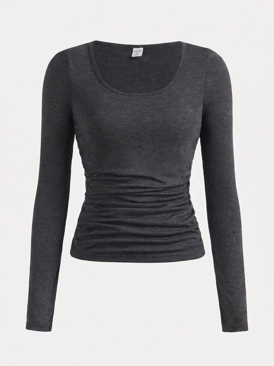 SHEIN Girlism Teen Girls Solid Color U-Neck Ruched Long Sleeve T-Shirt - Dark Grey - View 1