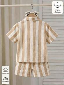 SHEIN Streecool Kids 男孩紋理條紋針織襯衫與短褲兩件套 - 米色 - 查看 2