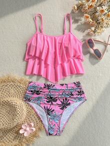 Swim Lushoire 女款粉色荷葉邊連身泳衣，高腰遮肚，椰子樹印花，保守款，兩件式，度假溫泉泳衣 - 粉色 - 查看 4