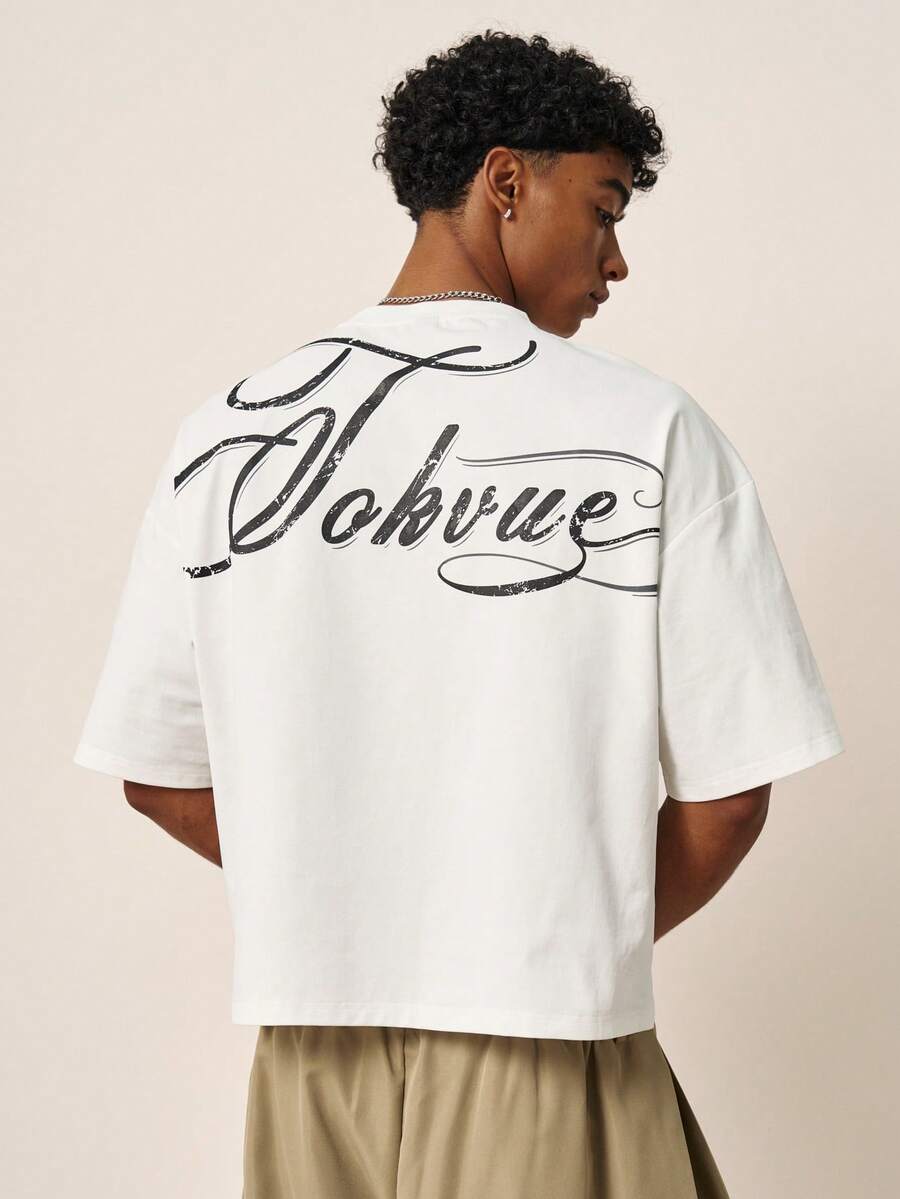 TOKVUE 男士夏季年輕款做舊大花卉印花美式復古寬鬆休閒日常百搭街頭短袖T恤上衣 - 白色 - 查看 1