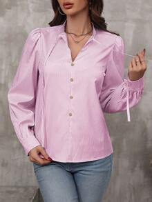 SHEIN LUNE Striped Print Tie Neck Lantern Sleeve Blouse - Berwarna merah muda - View 5
