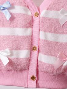 SHEIN Playful Pals 女童彩虹蝴蝶結裝飾單排扣條紋撞色針織開襟衫 - 彩色 - 查看 6