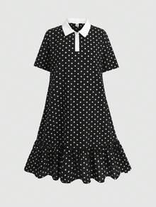 SHEIN 兒童青少年女孩對比色 Polo 領修身寬鬆黑白波點拼接荷葉邊飾洋裝，時尚通勤返校穿搭 - 黑與白 - 查看 3