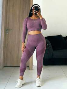 Slaydiva Women's Plus Size Solid Color Long Sleeve T-Shirt And High Waist Leggings Sports Set Fall - Burgundy - View 4