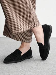 CUCCOO BIZCHIC 時尚黑色鏤空麂皮舒適通勤透氣女式樂福鞋 平底鞋 適合戶外度假購物上班日常通勤 百搭休閒女鞋 - 黑色 - 查看 8